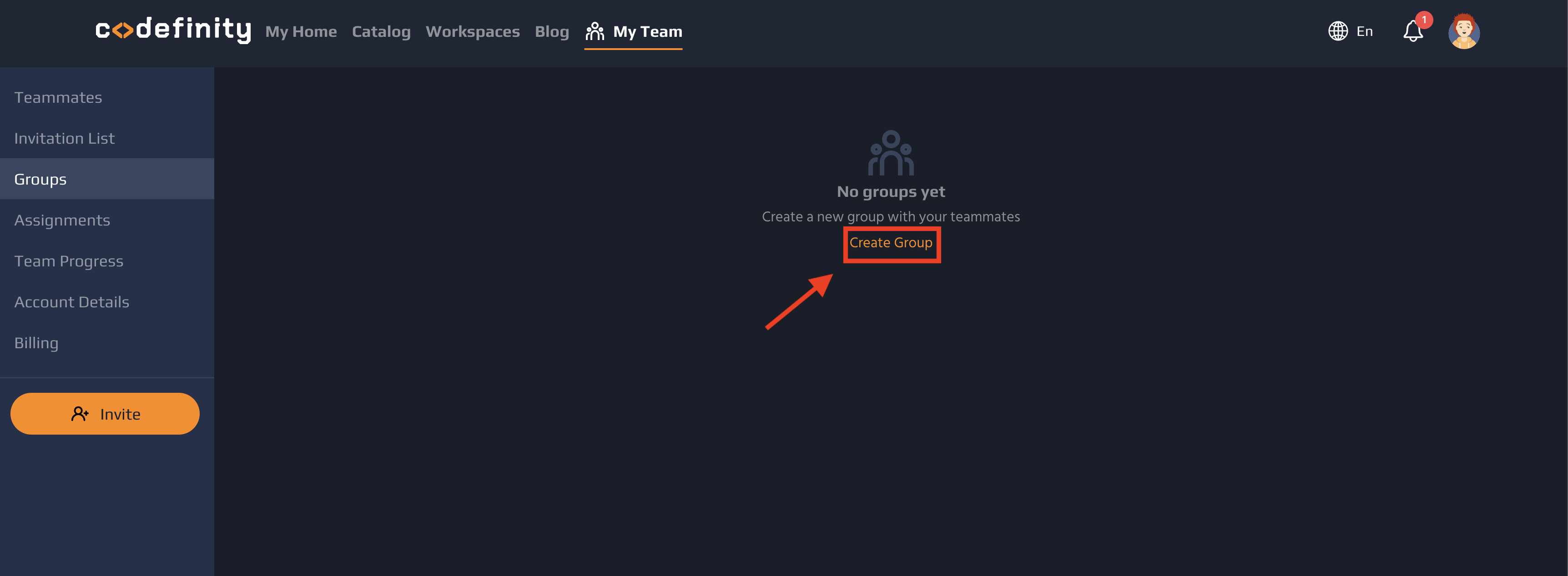 1. After selecting <b>Groups<b> from the left panel, select <b>Create Group<b>