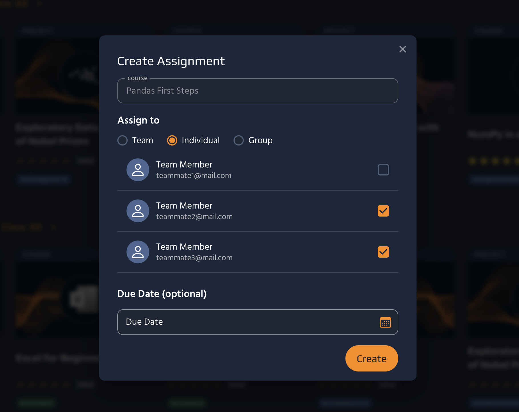 2. Set the assignee, optionally set a deadline, and click <b>Create<b>