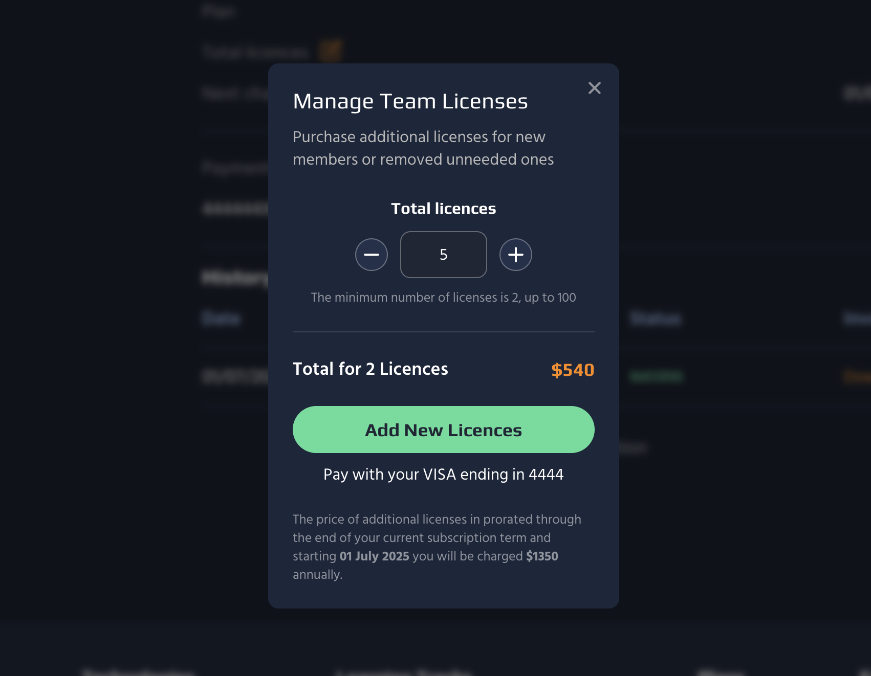 2. To add new licenses, click the <b>Plus<b> icon and select <b>Add New Licenses<b>