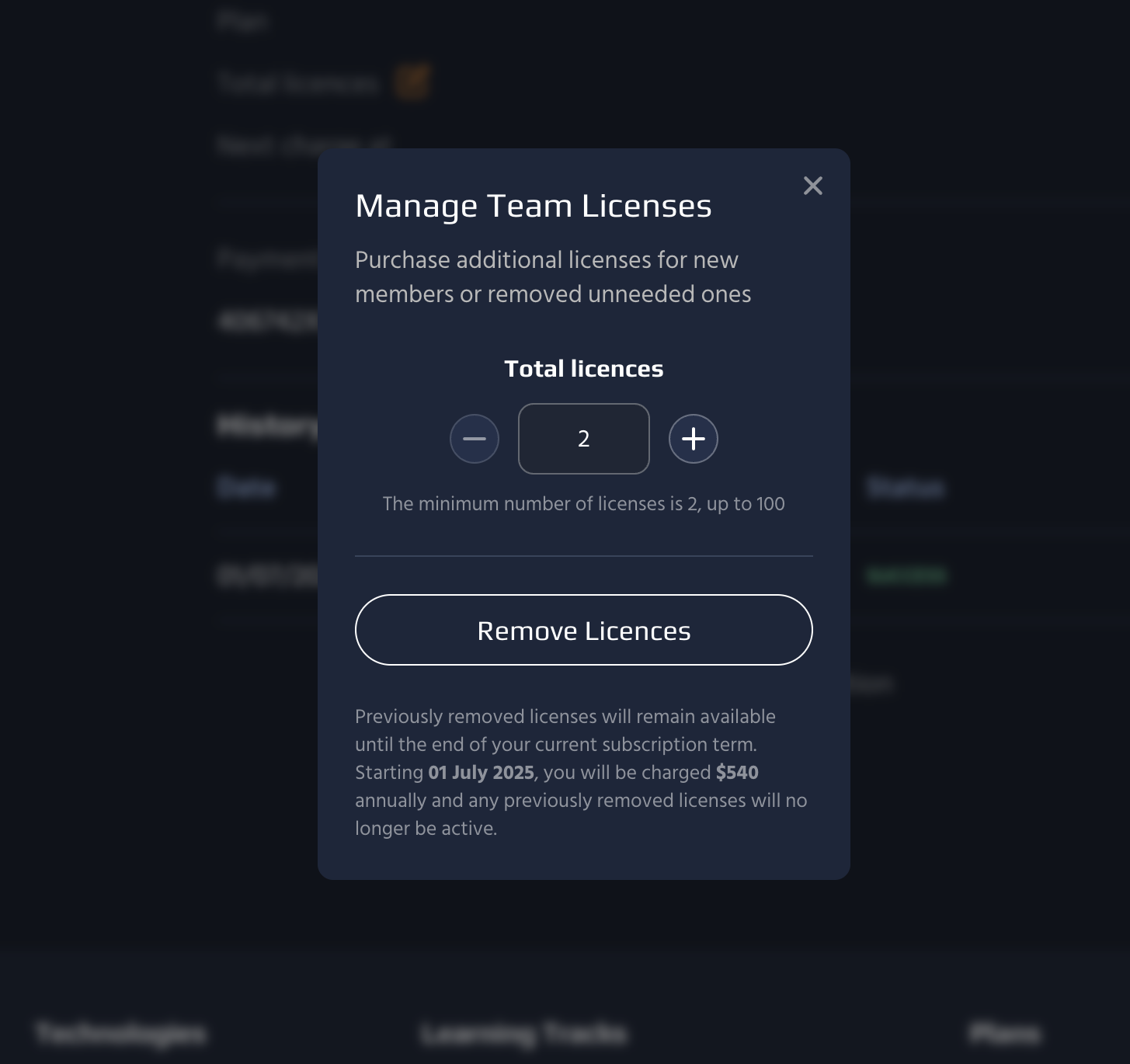 3. To remove unneeded licenses, click the <b>Minus<b> icon and select <b>Remove Licenses<b>