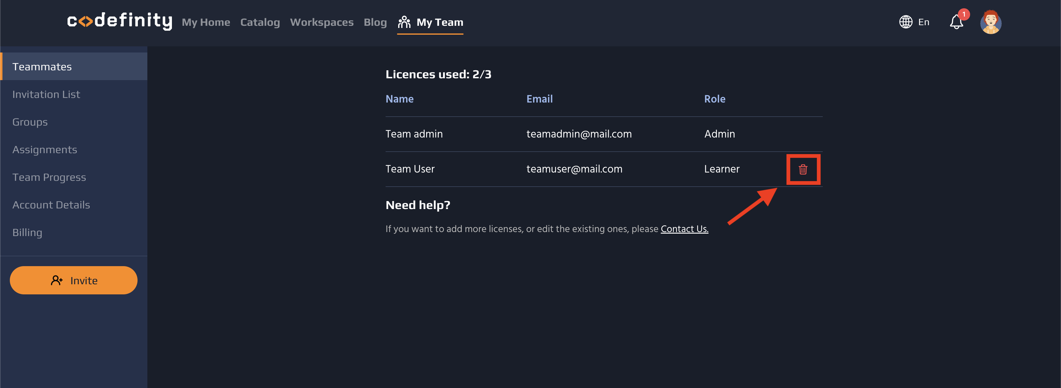 5. After selecting <b>Teammates<b> from the left panel, click <b>Remove<b> to remove a joined teammate from the team
