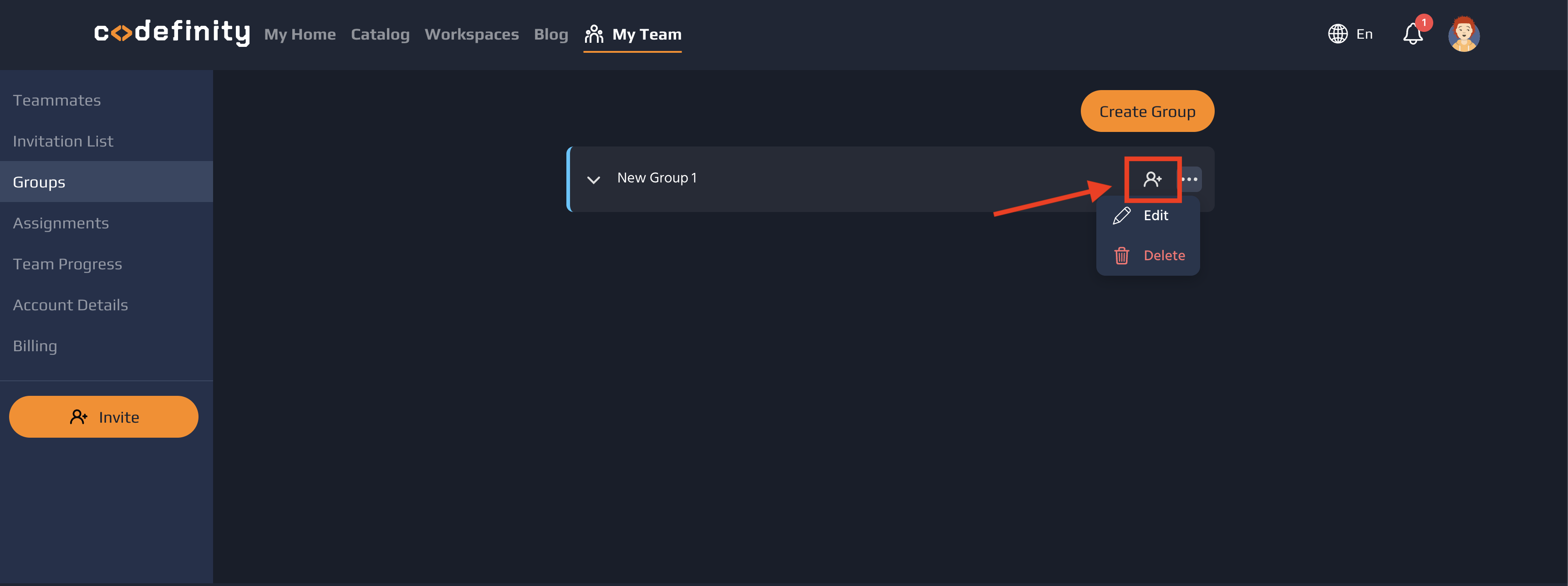 3. To add teammates to a group, click the <b>Add<b> icon